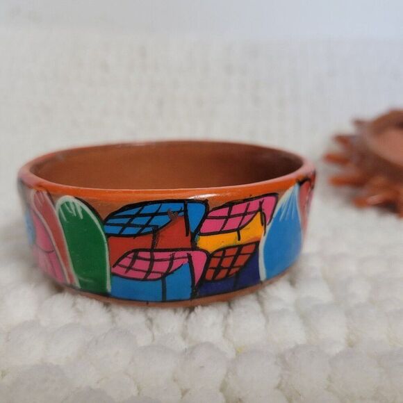Mexican Red Clay Pottery SUN round dish lidded hand painted trinket box jewelry - Picture 6 of 7
